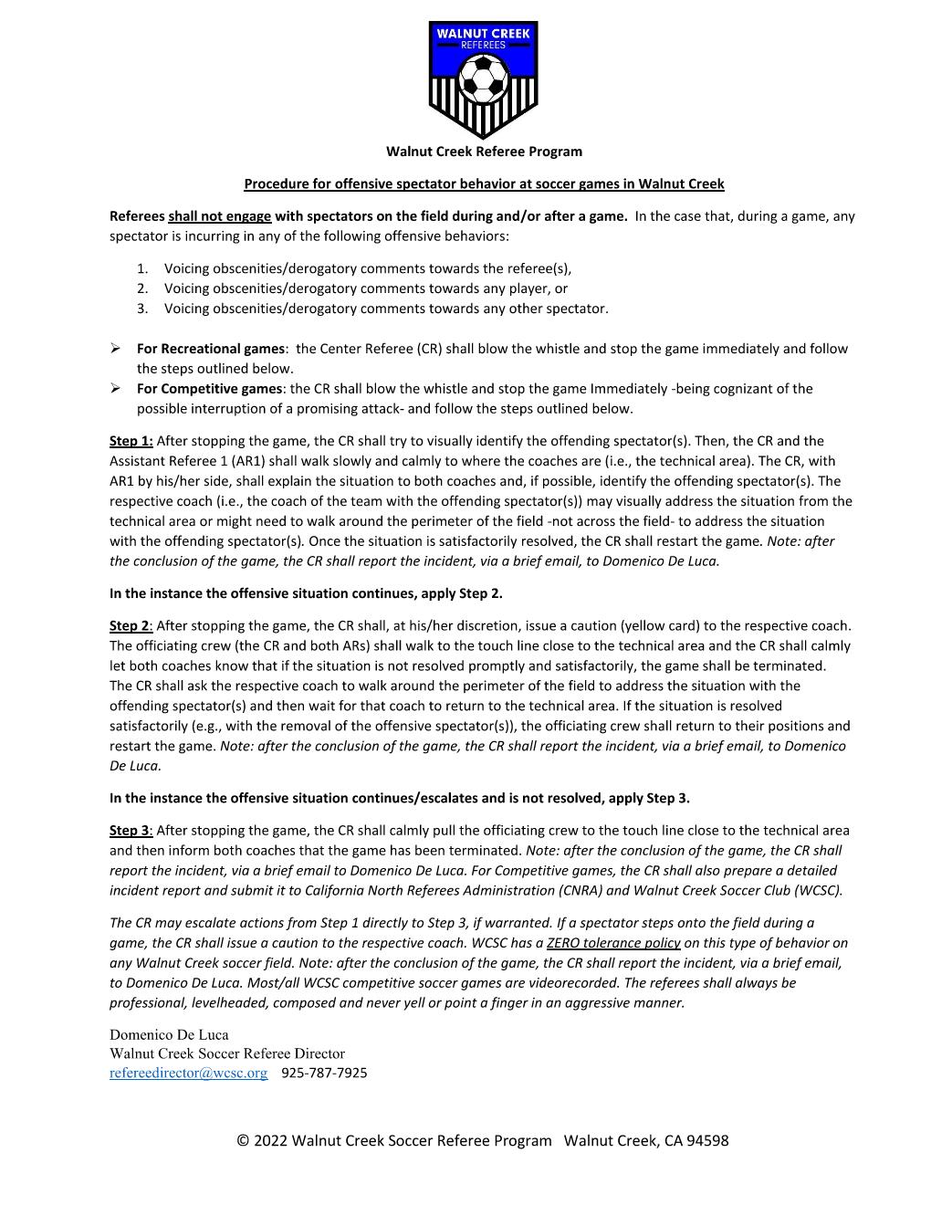 Walnut Creek Referee Procedure for offensive spectator behavior at soccer games in Walnut Creek 2022 DD